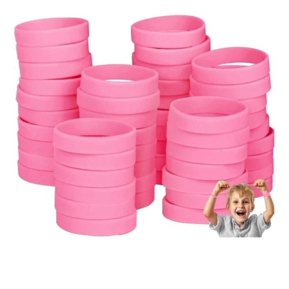 100PCS Silicone Bracelets Wristbands for kids, Pink Blank Rubber Wristbands